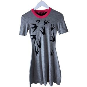 MCQ Alexander McQueen Gray Bird Print Mini Dress Hot‎ Pink Trim Womens